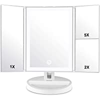 Auxmir Espejo Maquillaje con Luz LED de Mesa Tríptico-Espejo de Aumento 5X-2X- Rotación de 180 °- Pantalla Táctil- LED…